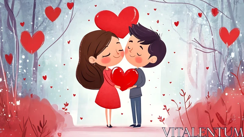 Romantic Cartoon Illustration with Couple AI Image