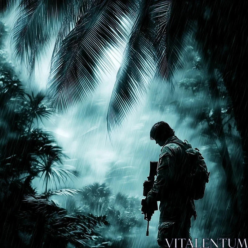 Lone Warrior: A Jungle in the Rain AI Image