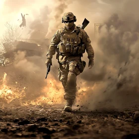 Soldier Walking Through Burning Battlefield