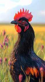 Bold Rooster in Blooming Field