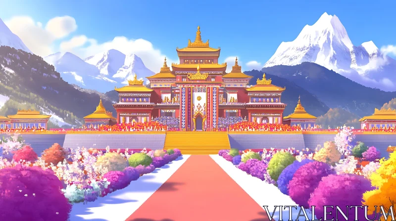 Mountain Palace with Colorful Flowers AI Image