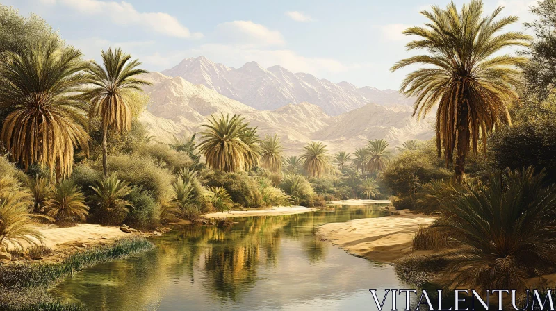 AI ART Serene Desert Oasis with Mountain Backdrop