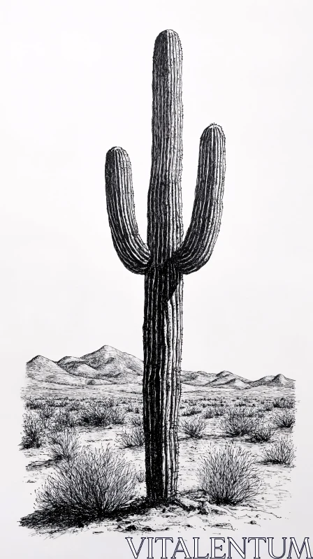 AI ART Desert Cactus and Mountains - Monochrome Artwork