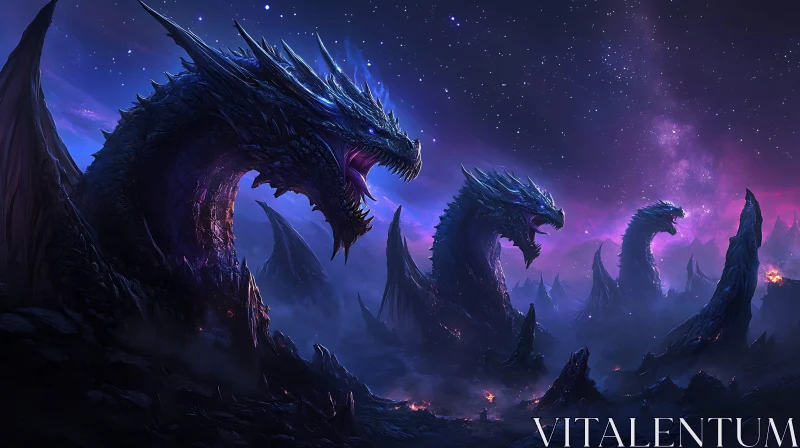 Fantasy Dragons in the Nightscape AI Image