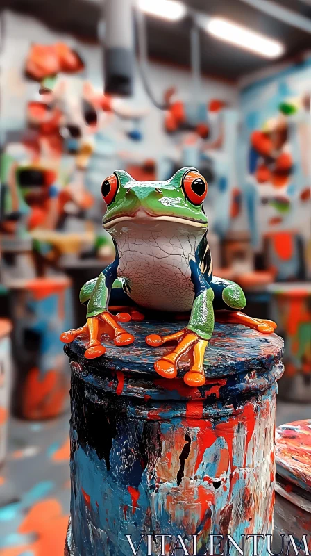 Colorful Frog on a Painted Surface AI Image