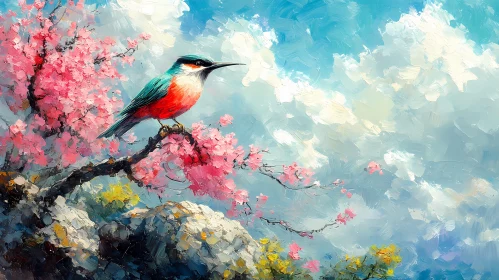 Colorful Bird on a Blooming Branch
