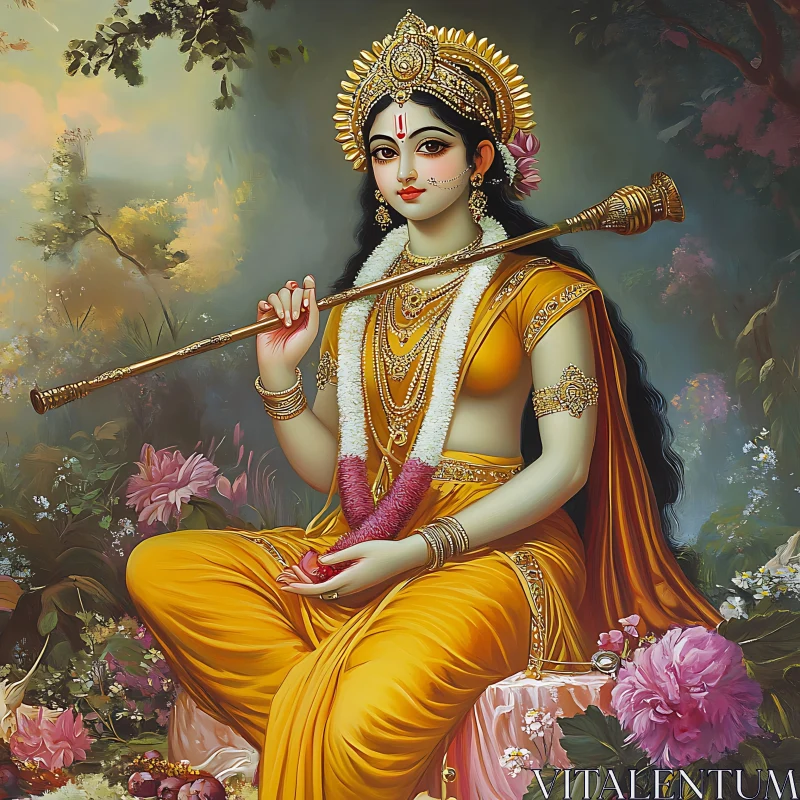 Serene Lady with Flute and Flowers AI Image