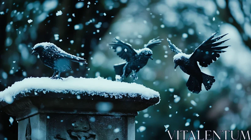 Winter Crows in Flight AI Image