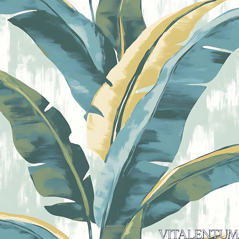 AI ART Teal and Yellow Banana Leaves Abstract Art