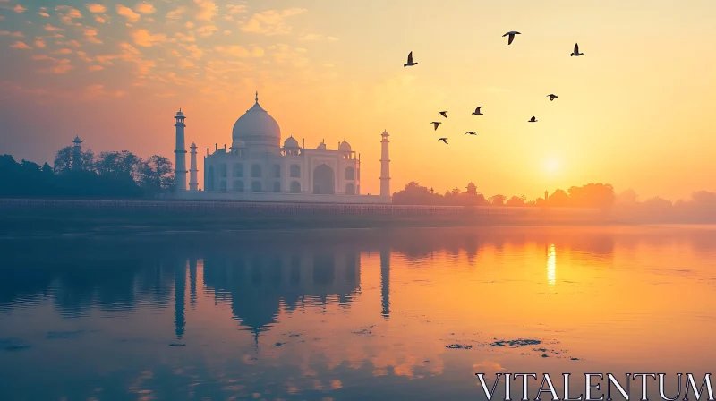 Reflections of Dawn: Taj Mahal at Sunrise AI Image