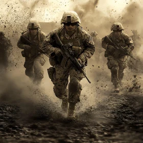 Sepia toned image of soldiers in action