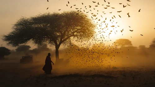 Sunset Scene With Birds and Figure