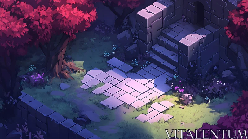 AI ART Isometric Fantasy Ruins with Pink Trees