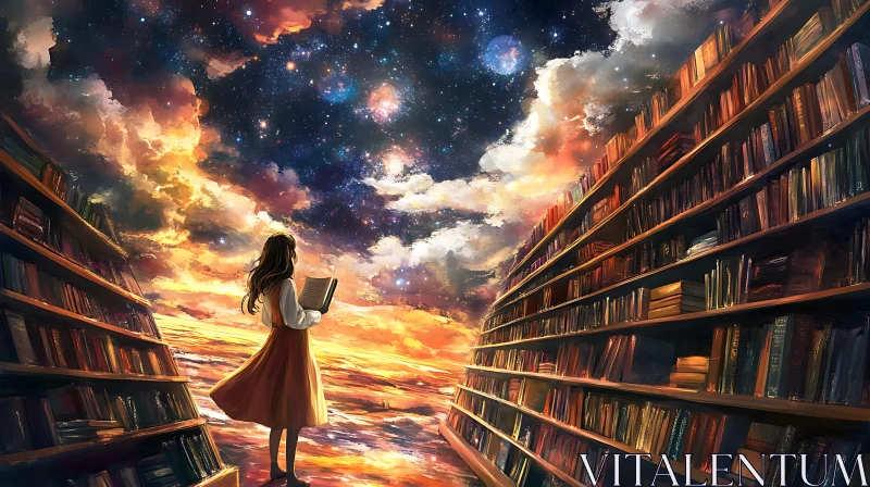Woman Reading in a Fantasy Library AI Image