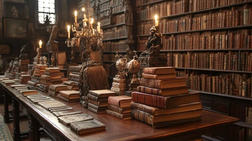 Vintage Library Interior with Antique Books