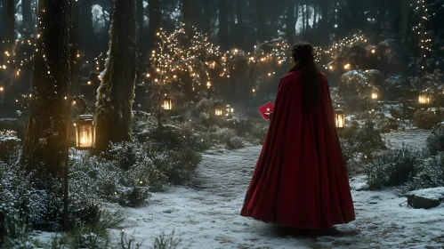 Woman in Red Cloak in Forest