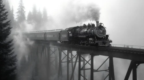 Monochrome Train Journey Through Misty Forest