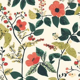 Detailed Botanical Pattern with Flowers and Leaves