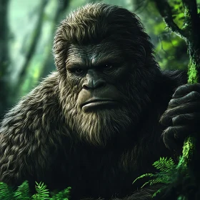 Brooding Sasquatch in Woodland Scene