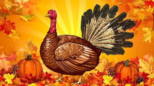 Autumnal Turkey with Pumpkins and Leaves
