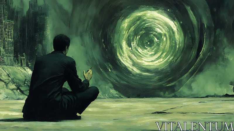 Man Gazing at Swirling Portal AI Image