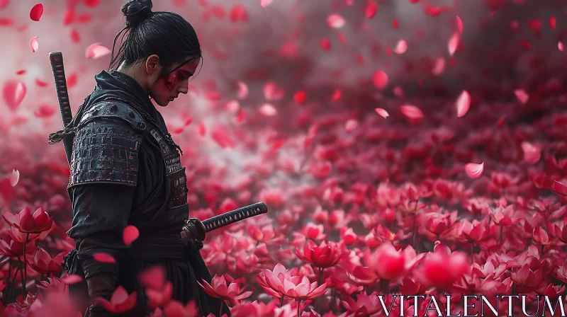 AI ART Samurai Among Red Blossoms