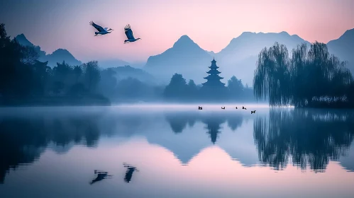 Still Lake Reflection with Distant Pagoda