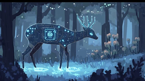 Futuristic Forest with Bioluminescent Cyborg Deer