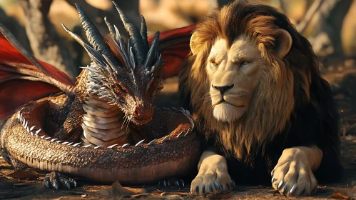 Fantasy Creatures: Lion and Dragon