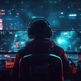 Futuristic Gaming Setup with Neon Lights
