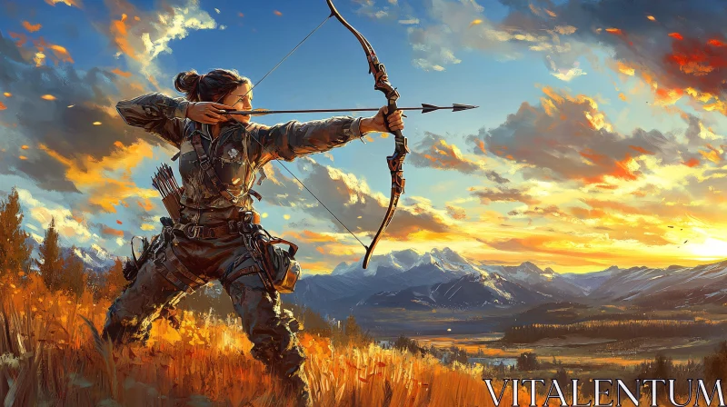 AI ART Female Archer at Golden Hour