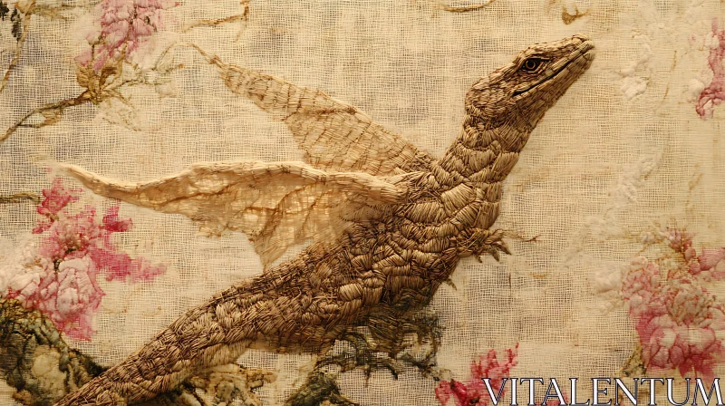 Embroidered Lizard with Wings and Flowers AI Image