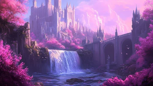 Pink Blossom Waterfall Castle View