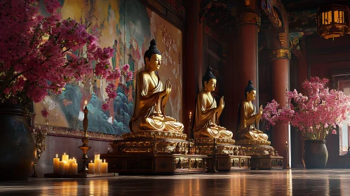 Serene Buddha Temple with Pink Blossoms