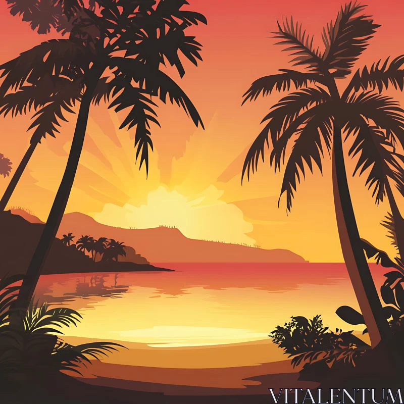 AI ART Island Sunset with Silhouetted Palm Trees