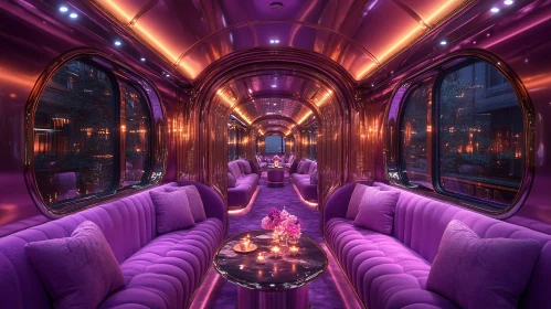 Opulent Train Lounge with Elegant Purple Decor