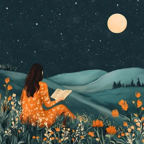Night Reader in Floral Meadow