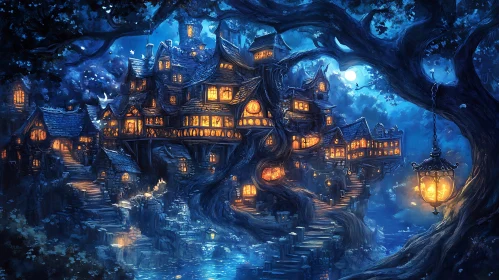 Fantasy Tree Village at Night