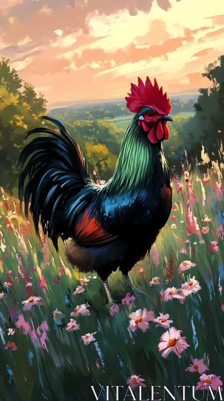 AI ART Colorful Rooster in Meadow