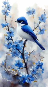 Serene Bird and Blue Flowers Illustration