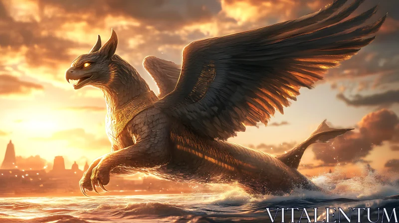 Mythical Griffin Creature at Sunset AI Image