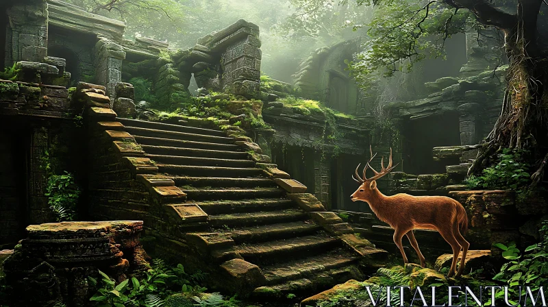 AI ART Ruins in Forest with Deer