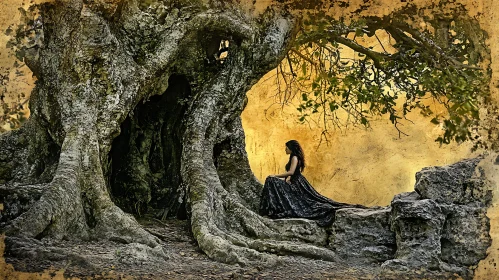 Woman in Black Dress by Old Tree