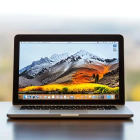 High-Definition Mountain Landscape on Laptop Screen