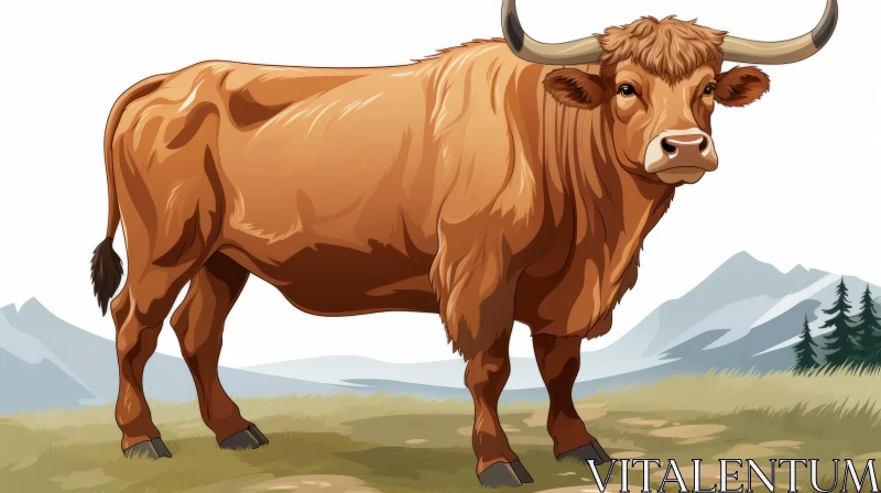 Colorful Illustration of a Bull in a Field AI Image