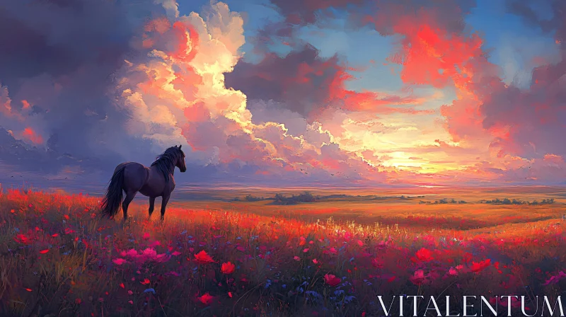 AI ART Horse in a Colorful Meadow at Sunset