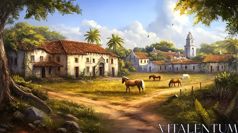 Rural Landscape with Horses AI Image