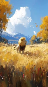 Lion in Autumn Landscape