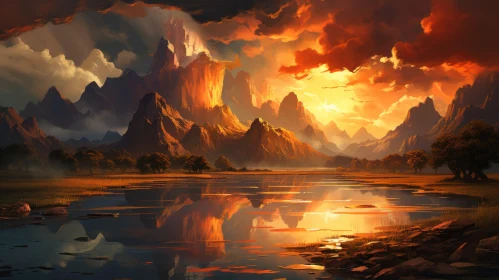 Fantasy Art Mountain in Desert Landscape - Red and Amber