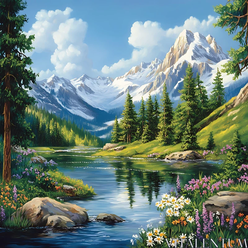 Serene Mountain and River Scene with Blossoming Flowers AI Image